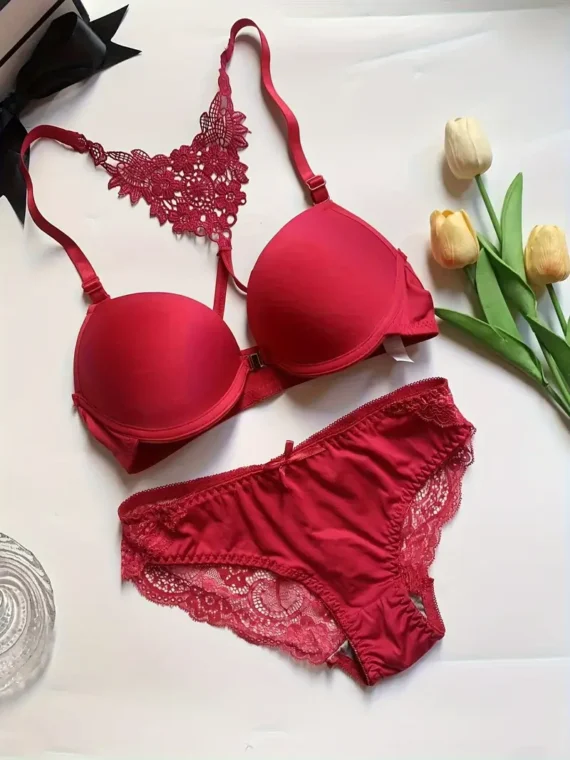 Ree Contrasting Lace Bra & Panty Set – Front Buckle Deep V with Wave Edge Design